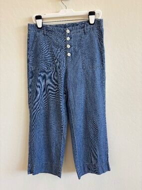 J. Jill Tencel Wide Leg Cropped Pants Blue Button Fly Patch Pockets , Medium